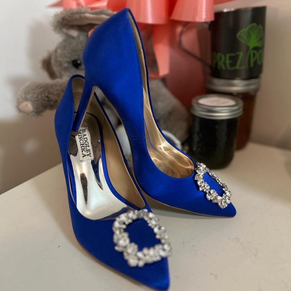 Badgley Mischka Blue Satin Heels with Rhinestone Buckle